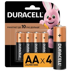 Батарейки КОМПЛЕКТ 4 шт., DURACELL Basic ОРИГИНАЛ, AA (LR6, 15А), алкалиновые, пальчиковые, MN 1500 АА LR6