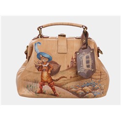 Бежевая кожаная сумка с росписью из натуральной кожи «W0013 BeigeBrown Кот в сапогах»