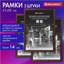 Рамка 21х30 см небьющаяся, КОМПЛЕКТ 3 шт., багет 14 мм дерево, BRAUBERG "Elegant", цвет венге, 391356