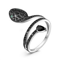 Кольцо из серебра с чёрной шпинелью и зелёным агатом родированное - Змея К-210рч416