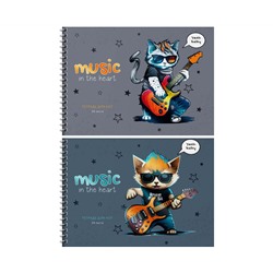 Тетрадь для нот 24л., А5, на гребне "Musical cats", выборочный УФ-лак, справочная информация, (гориз.)