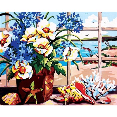 Алмазная мозаика с полным заполнением на подрамнике «Цветы у окна», 40 × 50 см