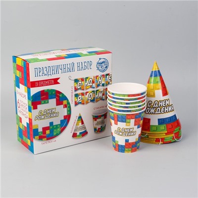 Набор бумажной посуды одноразовый С днём рождения», кубики, 6 тарелок, 6 стаканов, 6 колпаков, 1 гирлянда