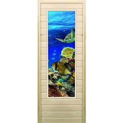Дверь для бани со стеклом (43*129), "Морской мир", 180×70см, коробка из осины
