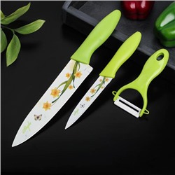 Набор кухонный Доляна «Нарцисс», 3 предмета: 2 ножа с антиналипающим покрытием, лезвие 12 см, овощечистка, 20×4 см, цвет зелёный