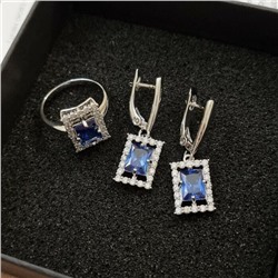 Комплект ювелирная бижутерия, серьги и кольцо посеребрение, камни цвет синий, р-р 17, 75229, арт.947.096