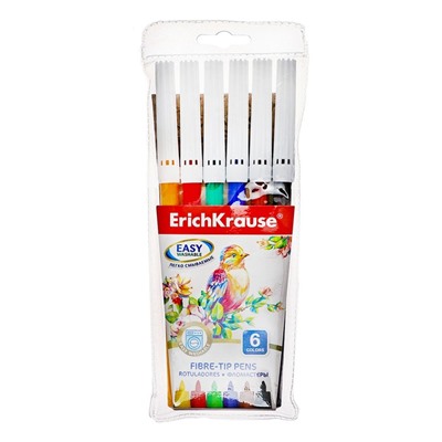Фломастеры 6 цветов, ErichKrause Easy Washable, блистер, суперсмываемые, ультраяркие цвета, МИКС