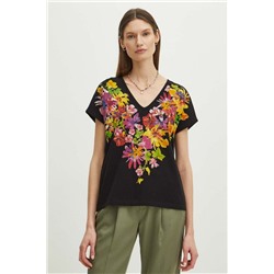T-shirt bawełniany damski z domieszką elastanu w kwiaty kolor czarny