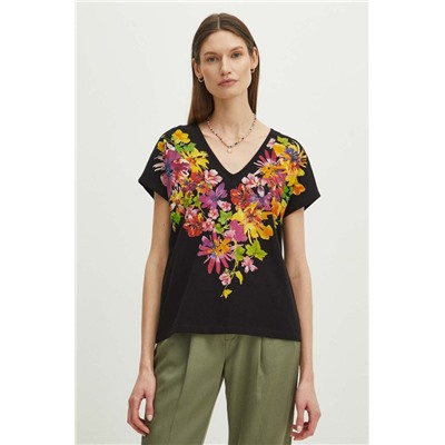 T-shirt bawełniany damski z domieszką elastanu w kwiaty kolor czarny