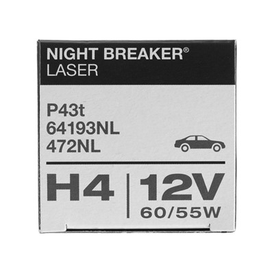 Лампа автомобильная Osram NIGHT LASER H4 P43t, 12 В, 60/55 Вт,+150%, 4050K,64193NL