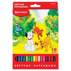 Карандаши цветные BRAUBERG "My lovely dogs", 18 цветов, шестигранные, грифель 3 мм, натуральное дерево, 180546