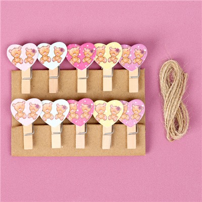 Прищепки декоративные с верёвкой для подвеса «Сердечки» набор 10 шт., 2,5 × 12,5 × 13,5 см