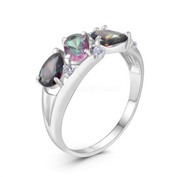 Кольцо из серебра с плавленым кварцем цвета мистик и фианитами цвета лаванда родированное 1-392р15232