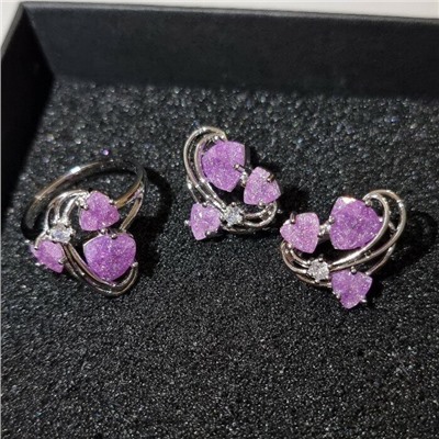 Комплект ювелирная бижутерия, серьги и кольцо посеребрение, камни цвет фиолетовый матовый, р-р 20, 77221 арт.847.927