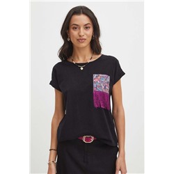 T-shirt bawełniany damski z ozdobną aplikacją kolor czarny