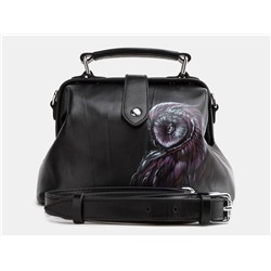 Черная кожаная сумка с росписью из натуральной кожи «W0013 BlackViolet Сова»