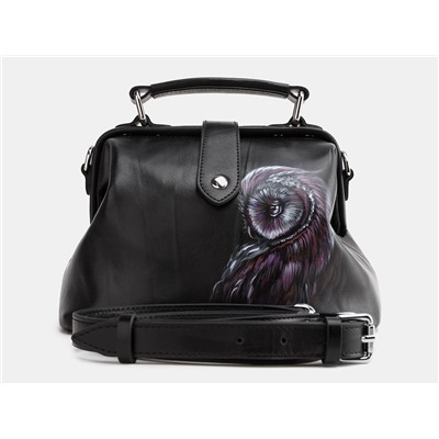 Черная кожаная сумка с росписью из натуральной кожи «W0013 BlackViolet Сова»