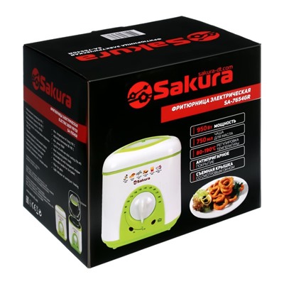 Фритюрница Sakura SA-7654GR, 950 Вт, 750 мл, антипригарное покрытие, фильтр, бело-салатовая