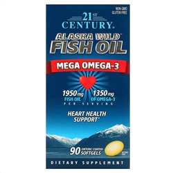 21st Century, жир из дикой аляскинской рыбы, мега-омега-3, 1950 мг/1350 мг, 90 капсул, покрытых кишечнорастворимой оболочкой