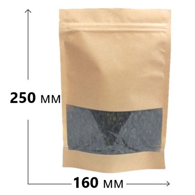 Крафт пакет дой-пак зип-лок 160*250 мм окно 70 мм  (гладкая бумага)