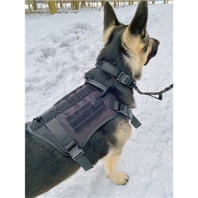 Жилет специального назначения для собак K9 Tactical (черный) - Жилет разработан для собак на армейской и полицеской службе, но подойдет и для гражданских собак крупного и среднего размера. На каждой стороне есть два ремня MOLLE, а также панель с обручем и петлями, чтобы легко прикрепить подсумки или ID-патчи. №402