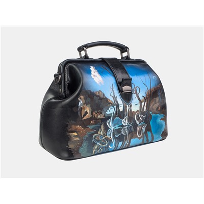 Черная кожаная сумка с росписью из натуральной кожи «W0023 Black С. Дали Лебеди»