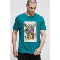 T-shirt bawełniany męski z nadrukiem z domieszką elastanu kolor zielony
