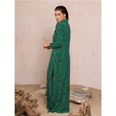 Зеленое  принтованное платье-туника с длиной в пол