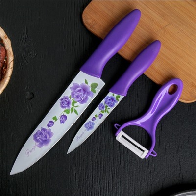 Набор кухонный Доляна «Нарцисс», 3 предмета: 2 ножа с антиналипающим покрытием, лезвие 12 см, овощечистка, 20×4 см, цвет фиолетовый