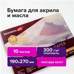 Альбом для акрила и масла, 300 г/м2, 190х270 мм, 10 листов, склейка, тиснение "холст", BRAUBERG ART PREMIERE, 113267