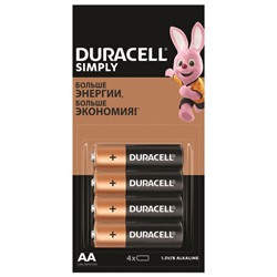 Батарейки КОМПЛЕКТ 4 шт. (отрывной блок) DURACELL Simply ОРИГИНАЛ, AA (LR6, 15А), алкалиновые, пальчиковые, Б0046868