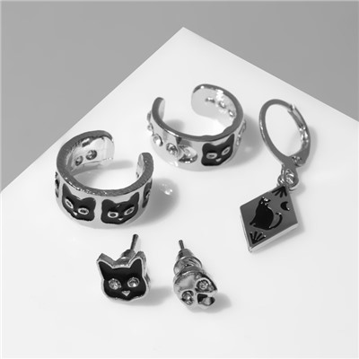 Серьги «Каффы» кот и череп, 5 шт., цвет чёрный в серебре