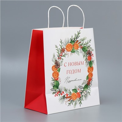 Пакет подарочный крафтовый «Поздравляю», 32 × 28 × 15 см