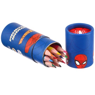Цветные карандаши в тубусе, 12 цветов, трехгранные, Человек-паук