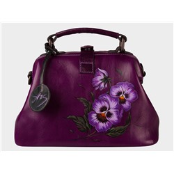 Фиолетовая кожаная сумка с росписью из натуральной кожи «W0013 VioletBlack Анютины глазки»