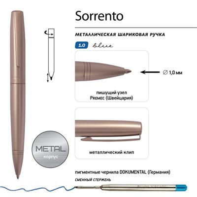 Ручка шариковая поворотная, 1.0 мм, BrunoVisconti SORRENTO, стержень синий, металлический корпус шампань