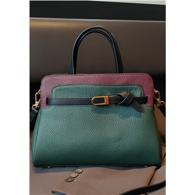 Кожаная женская сумка-портфель, цвет зеленый с бордо