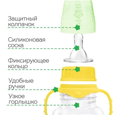 Бутылочка для кормления «Транспорт», классическое горло, с ручками, 250 мл., от 0 мес., цвет жёлтый