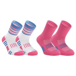 2 пары носков для детей розовых в бело-розово-синюю полоску AT 500 mid Kalenji