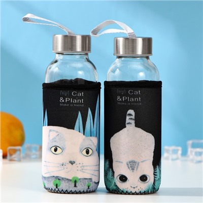 Бутылка для воды стеклянная в чехле «Хитрый котик», 300 мл, h=17 см, рисунок МИКС