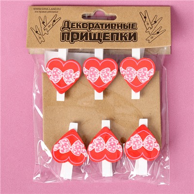 Прищепки декоративные «Сердечки с бантиком» набор 6 шт., 2 × 11,5 × 16 см