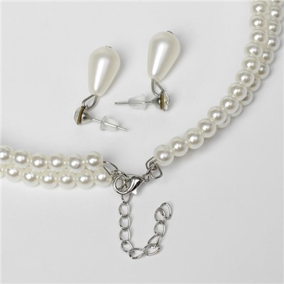 Набор 2 предмета: серьги, колье «Леди» 2 нити, сверкающая капля, цвет белый в серебре, 45 см