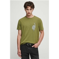 T-shirt bawełniany męski z nadrukiem z domieszką elastanu kolor zielony