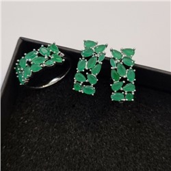 Комплект ювелирная бижутерия, серьги и кольцо посеребрение, зеленые камни, р-р 19, 542809 арт.847.748