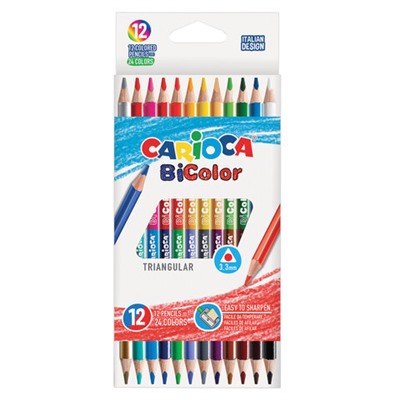 Карандаши двусторонние CARIOCA "Bi-color", 12 штук, 24 цвета, трехгранные, грифель 3 мм, натуральное дерево, 42991