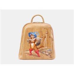 Бежевый кожаный рюкзак с росписью из натуральной кожи «R0023 Beige Кот в сапогах»