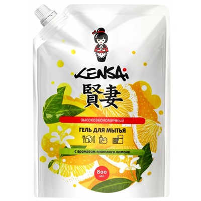 KENSAI Гель высокоэкономичный для мытья посуды и детских принадлежностей с ароматом японского лимона, мягкая упаковка, 800 мл