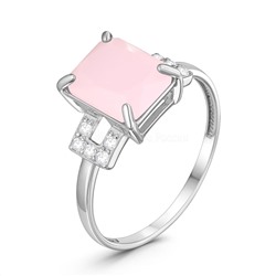 Кольцо из серебра с плавленным розовым кварцем и фианитами родированное КА-065р221