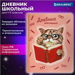 Дневник 1-11 класс 48 л., кожзам (твердая с поролоном), тиснение, аппликация, BRAUBERG, "Smart Cat", 106206