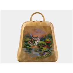 Бежевый кожаный рюкзак с росписью из натуральной кожи «R0023 Beige Домик у озера»